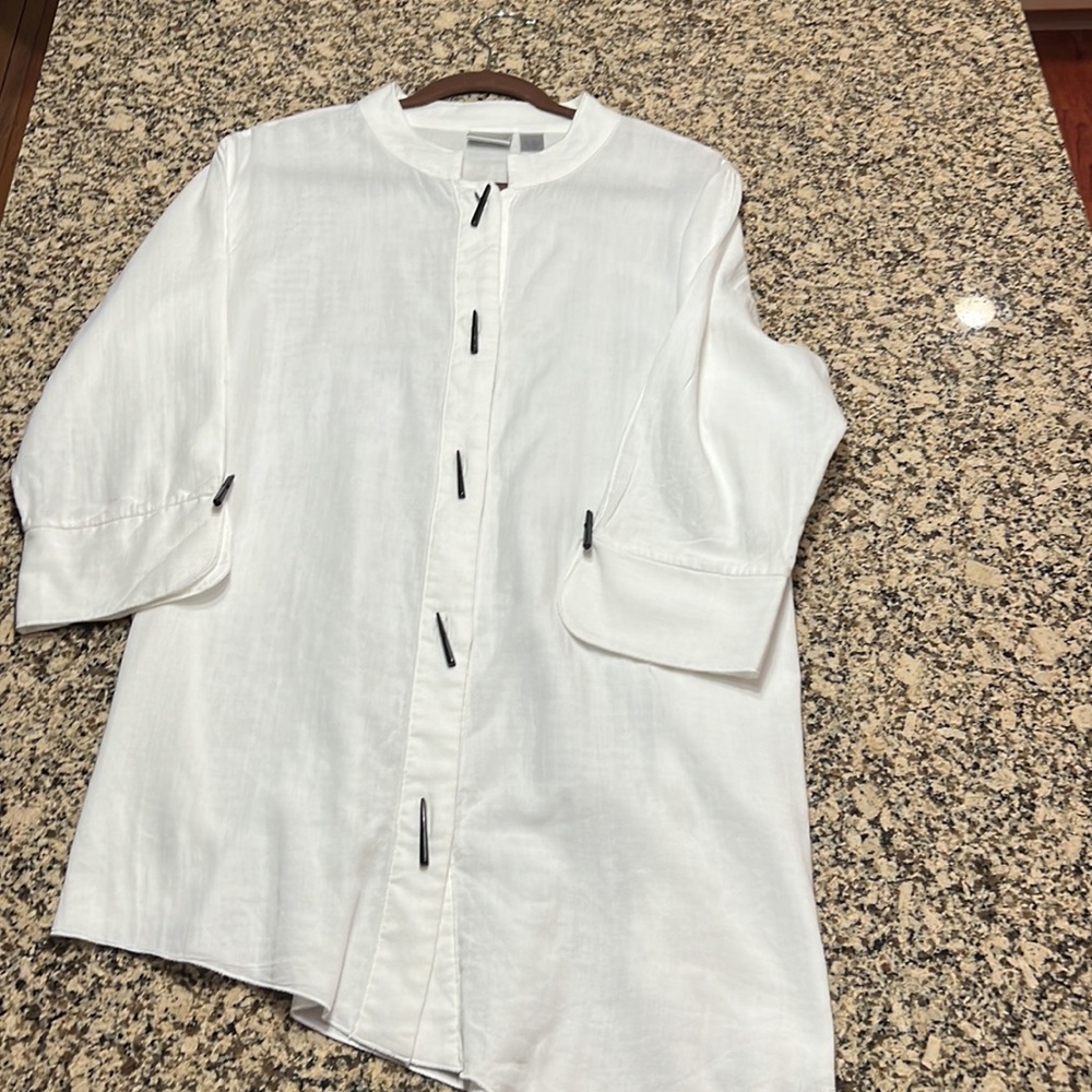 Chico’s Asymmetrical bottom,Button-up Shirt Size 3